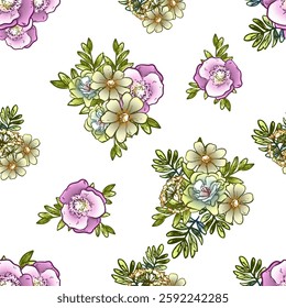 Abstract seamless pattern with plants, herbs and flowers, botanical illustration.