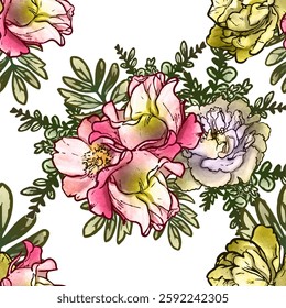 Abstract seamless pattern with plants, herbs and flowers, botanical illustration.