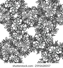 Abstract seamless pattern with plants, herbs and flowers, botanical illustration.
