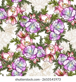 Abstract seamless pattern with plants, herbs and flowers, colorful botanical illustration.