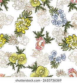 Abstract seamless pattern with plants, herbs and flowers, botanical illustration.