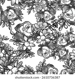 Abstract seamless pattern with plants, herbs and flowers, botanical illustration.