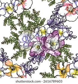 Abstract seamless pattern with plants, herbs and flowers, botanical illustration.