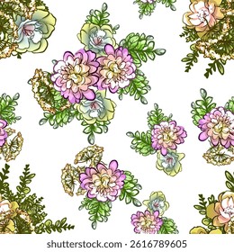 Abstract seamless pattern with plants, herbs and flowers, botanical illustration.