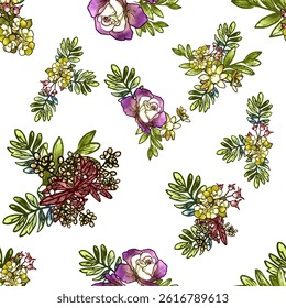 Abstract seamless pattern with plants, herbs and flowers, botanical illustration.