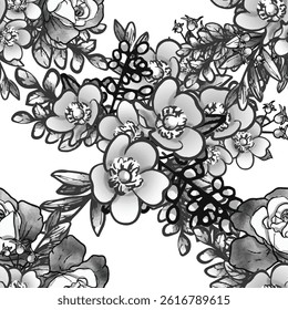 Abstract seamless pattern with plants, herbs and flowers, botanical illustration.