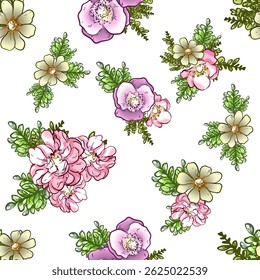 Abstract seamless pattern with plants, herbs and flowers, botanical illustration.