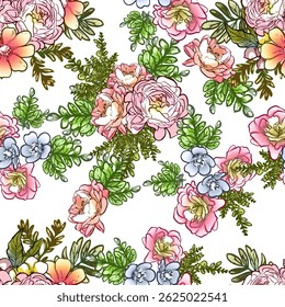 Abstract seamless pattern with plants, herbs and flowers, botanical illustration.