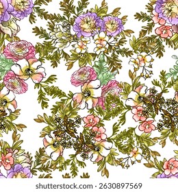 Abstract seamless pattern with plants, herbs and flowers, botanical illustration.