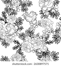 Abstract seamless pattern with plants, herbs and flowers, botanical illustration.