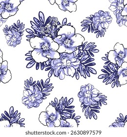 Abstract seamless pattern with plants, herbs and flowers, botanical illustration.