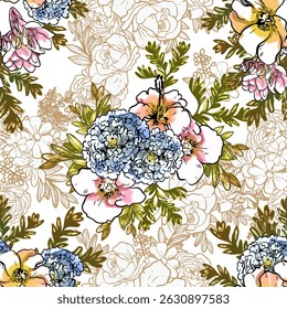 Abstrato padrão sem emenda com plantas, ervas e flores, ilustração botânica.