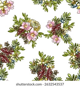 Abstract seamless pattern with plants, herbs and flowers, botanical illustration.