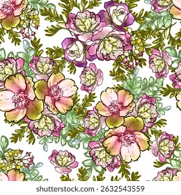 Abstract seamless pattern with plants, herbs and flowers, botanical illustration.