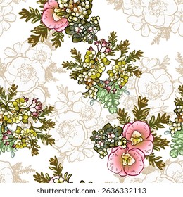 Abstract seamless pattern with plants, herbs and flowers, botanical illustration.
