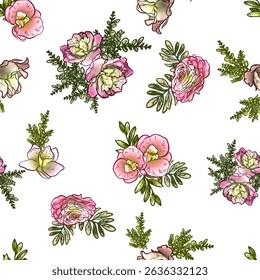 Abstrato padrão sem emenda com plantas, ervas e flores, ilustração botânica.
