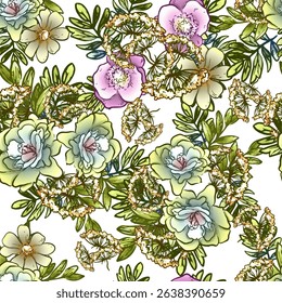 Abstract seamless pattern with plants, herbs and flowers, colorful botanical illustration.