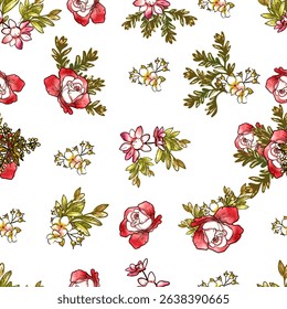 Abstract seamless pattern with plants, herbs and flowers, colorful botanical illustration.