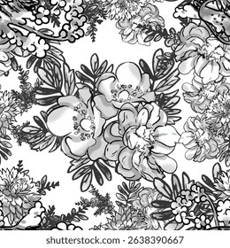 Abstract seamless pattern with plants, herbs and flowers, colorful botanical illustration.