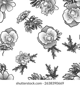 Abstract seamless pattern with plants, herbs and flowers, colorful botanical illustration.