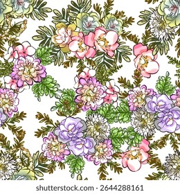 Abstraktes, nahtloses Muster mit Pflanzen, Kräutern und Blumen, farbenfrohe botanische Illustration.