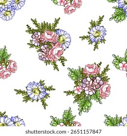 Abstrato padrão sem emenda com plantas, ervas e flores, ilustração botânica.