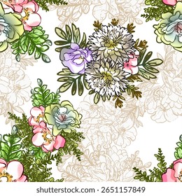 Abstrato padrão sem emenda com plantas, ervas e flores, ilustração botânica.