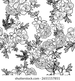 Abstrato padrão sem emenda com plantas, ervas e flores, ilustração botânica.