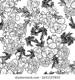 Abstrato padrão sem emenda com plantas, ervas e flores, ilustração botânica.