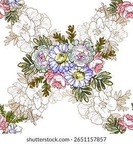 Abstrato padrão sem emenda com plantas, ervas e flores, ilustração botânica.