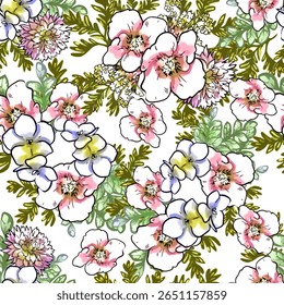 Abstrato padrão sem emenda com plantas, ervas e flores, ilustração botânica.