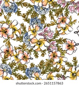 Abstrato padrão sem emenda com plantas, ervas e flores, ilustração botânica.