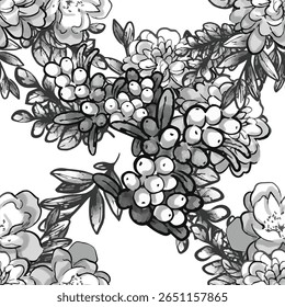 Abstrato padrão sem emenda com plantas, ervas e flores, ilustração botânica.