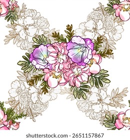 Abstrato padrão sem emenda com plantas, ervas e flores, ilustração botânica.