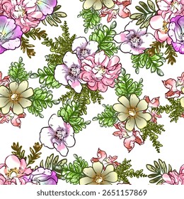 Abstrato padrão sem emenda com plantas, ervas e flores, ilustração botânica.