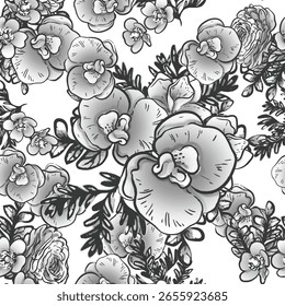 Abstractas patrón sin fisuras con plantas, hierbas y flores, ilustración botánica.