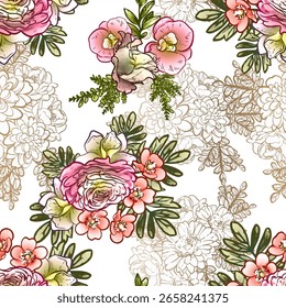 Abstrato padrão sem emenda com plantas, ervas e flores, ilustração botânica.