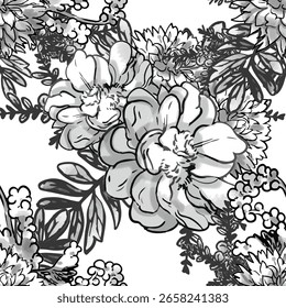 Abstract seamless pattern with plants, herbs and flowers, botanical illustration.