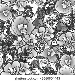 Abstract seamless pattern with plants, herbs and flowers, botanical illustration.