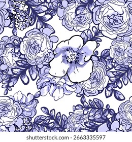 Abstract seamless pattern with plants, herbs and flowers, botanical illustration.