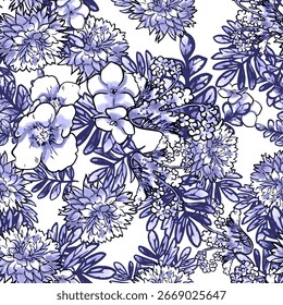 Abstrato padrão sem emenda com plantas, ervas e flores, ilustração botânica.