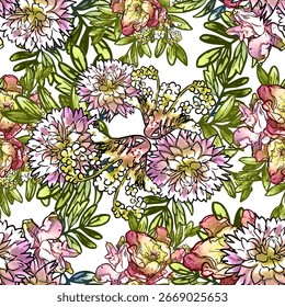 Abstractas patrón sin fisuras con plantas, hierbas y flores, ilustración botánica.