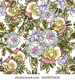 Abstraktes, nahtloses Muster mit Pflanzen, Kräutern und Blumen, botanische Illustration.