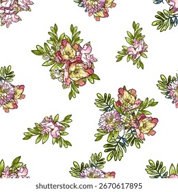 Abstraktes, nahtloses Muster mit Pflanzen, Kräutern und Blumen, botanische Illustration.
