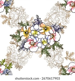 Abstract seamless pattern with plants, herbs and flowers, botanical illustration.