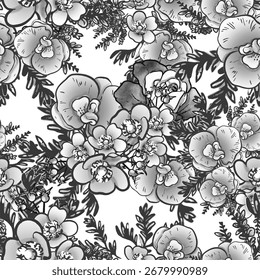 Abstraktes, nahtloses Muster mit Pflanzen, Kräutern und Blumen, botanische Illustration.