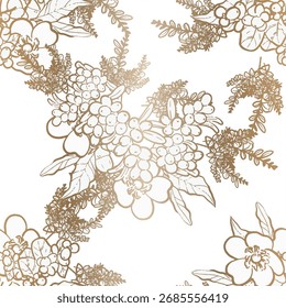 Abstraktes, nahtloses Muster mit Pflanzen, Kräutern und Blumen, botanische Illustration.