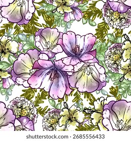 Abstract seamless pattern with plants, herbs and flowers, botanical illustration.