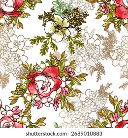 Abstrato padrão sem emenda com plantas, ervas e flores, ilustração botânica.