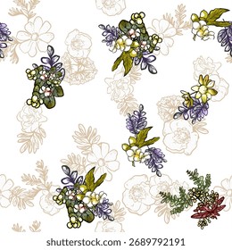 Abstract seamless pattern with plants, herbs and flowers, botanical illustration.